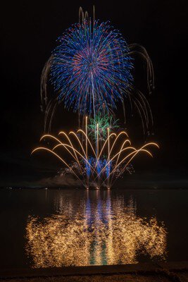 サンセットフェスタIN天王崎2025 なめがたの湖上花火大会 水面に映し出された花火が会場を幻想的な空間に包み込む