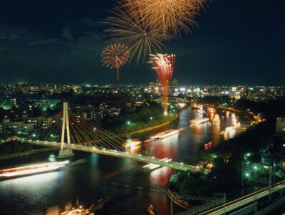 天神祭奉納花火 大阪の夜景と花火のコラボレーション