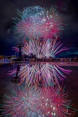 夜空と湖を彩るダイナミックな花火の光景