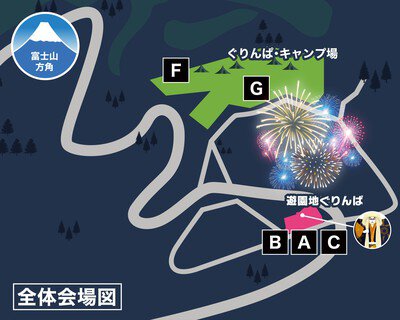 富士山2合目で開催される花火大会の全体会場図
