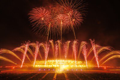 夜空と地上を同時に染める光と炎の共演