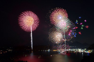 港を包む大輪の花火が連続で開花