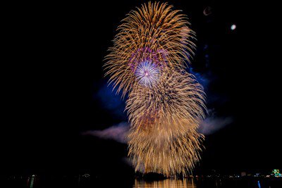 巨大な黄金の花火が夜空を覆う
