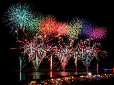 高く咲き誇る花火が夜空を鮮やかに彩る