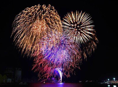 赤や紫の花火が交差する幻想的な瞬間