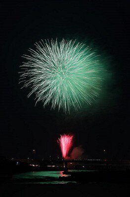 緑と赤が夜空に咲く幻想的な一瞬