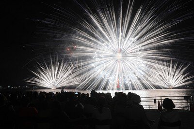 白銀の大輪が夜空いっぱいに広がる迫力の花火