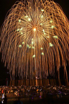 須崎湾の夜空を彩る黄金色の海上花火
