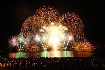 水面と観客席を照らす大迫力の連続花火