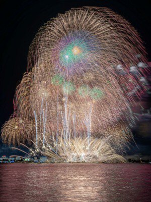夜空全体を覆う巨大な大玉花火の迫力