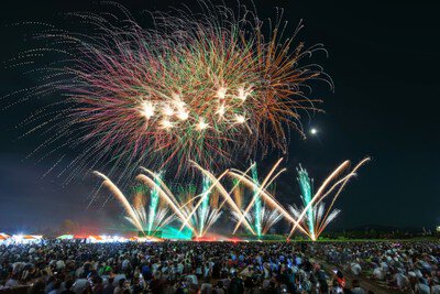 頭上で開く色とりどりの花火と交差する噴出