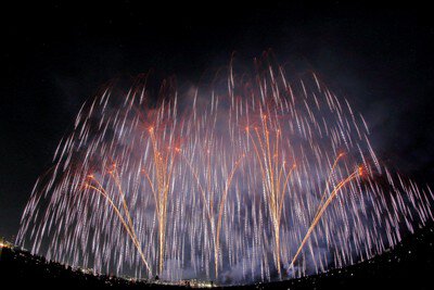 夜空いっぱいに広がるしだれ花火の大迫力演出