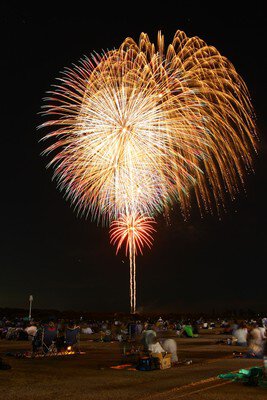 河川敷を埋める観客と夜空に咲く豪華な花火