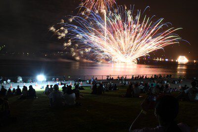 水辺に広がる花火と観客のシルエット