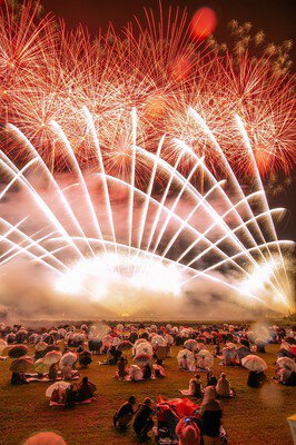 扇状に広がる花火と観客席を包む幻想的な光景