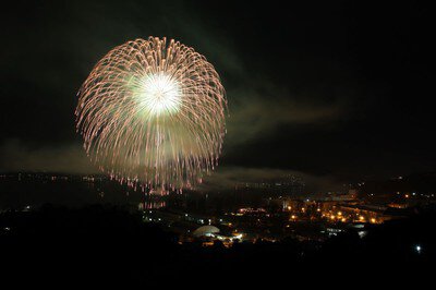 市街地の夜景を背景に夜空を彩る大玉花火