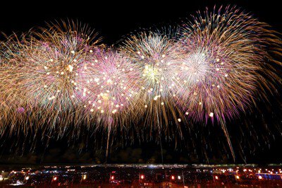 信濃川沿いを染めるピンク色の大輪の花火