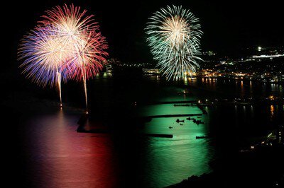 港の夜景と共演する美しい花火