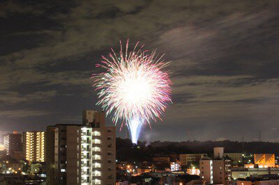 ビルの合間から広がる色鮮やかな花火