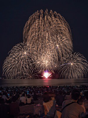 浜辺を埋める観客と頭上で開く大輪の花火
