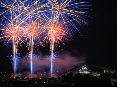 青と金の花火が交差する幻想的な夜景