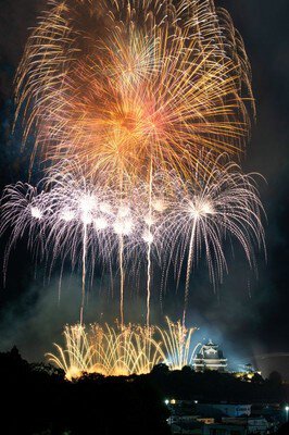 夜空に広がる花火と橋越しに浮かぶ名城