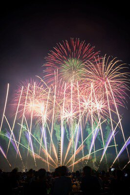 真上に打ち上がる色とりどりの花火