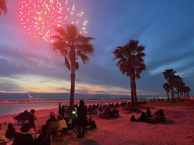 常滑りんくうビーチ サンセット花火 夕暮れのビーチに映えるヤシの木と花火