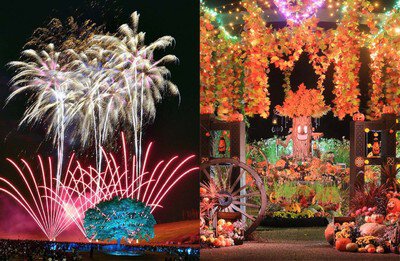 長岡花火ハロウィンファンタジー 長岡花火ローズファンタジー(左)、ハロウィン・マジック(右)