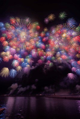 鈴鹿げんき花火大会 海面に映り込む彩り豊かな大輪の花火