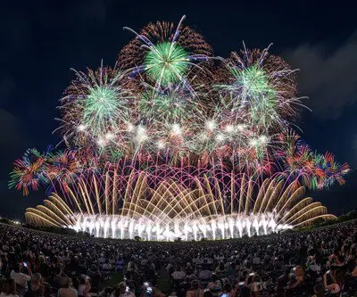 Meticulously composed multi-layered fireworks display