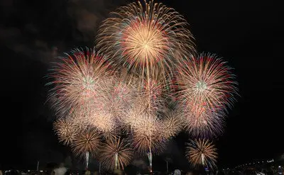 夜空に浮かぶ黄金の扇形花火