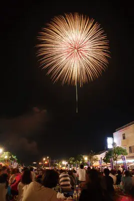 조시 항구축제 불꽃대회 — 도네강 수상에서 초근거리에서 쏘아 올리는 척옥은 박력 만점