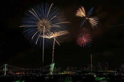 レインボーブリッジと東京湾の夜景を背景に咲き乱れる花火(前回開催時の様子)