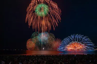 2026年鎌倉花火大会(第78回) 水中花火と打ち上げ花火が空と海を鮮やかに染める