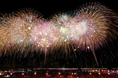 Pink large-bloom fireworks dyeing the banks of the Shinano River