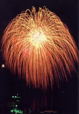 小木港祭り・花火大会 オレンジ色の光が夜空いっぱいに広がる迫力の大輪