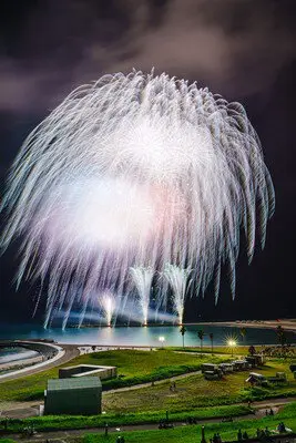 海上に大輪の花を咲かせる白銀の大玉花火