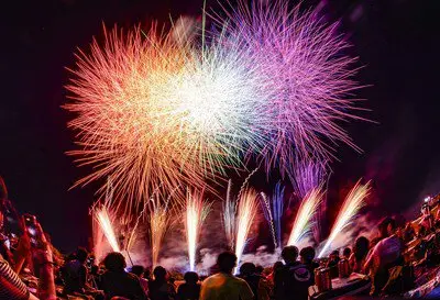頭上で開く大輪を間近で見上げる観客たち