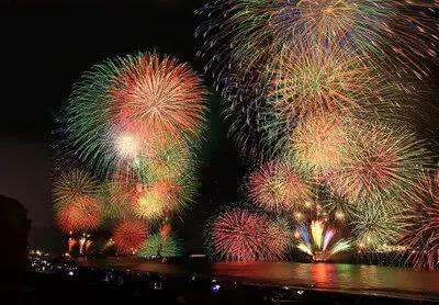 海面を染める大輪の花火が連続する
