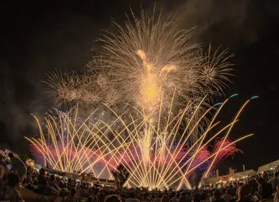在夜空中廣闊綻放的煙火競演