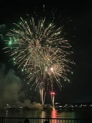 벚꽃축제 서머 블라썸 나이트 in 사야마이케 2026 — 알록달록한 불꽃이 수면에 반사됩니다