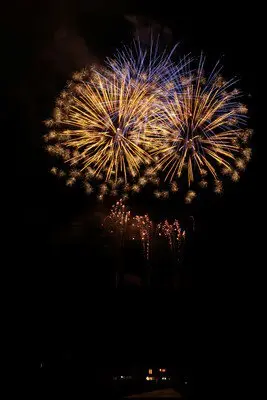 青と金が交差する大輪が夜空を彩る