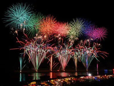高く咲き誇る花火が夜空を鮮やかに彩る